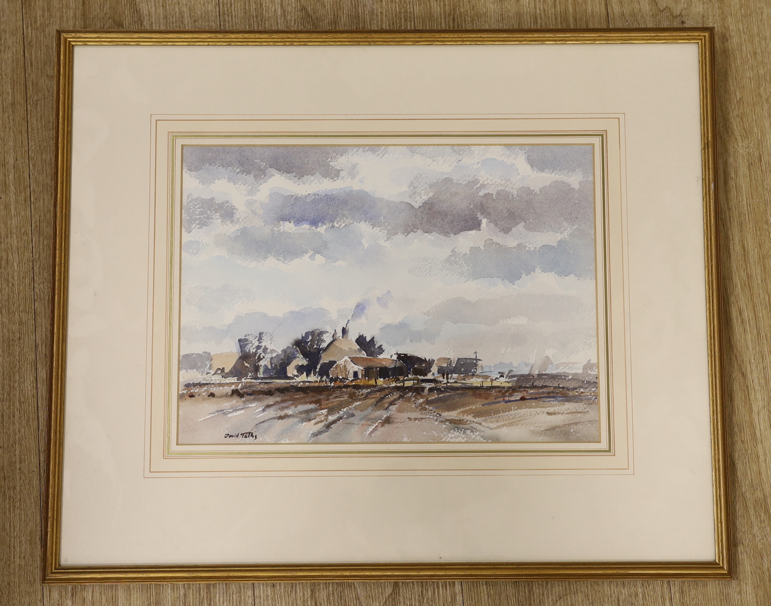 David Tallis, watercolour, Rural landscape with farm buildings, signed, 27 x 37cm